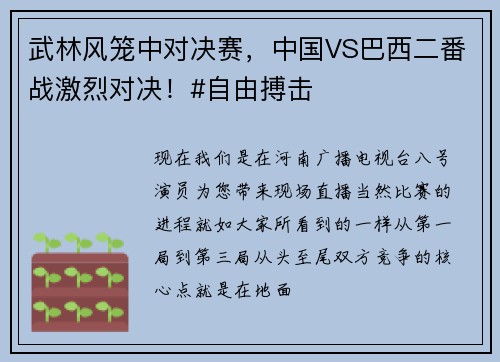武林风笼中对决赛，中国VS巴西二番战激烈对决！#自由搏击