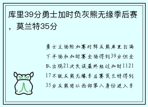 库里39分勇士加时负灰熊无缘季后赛，莫兰特35分
