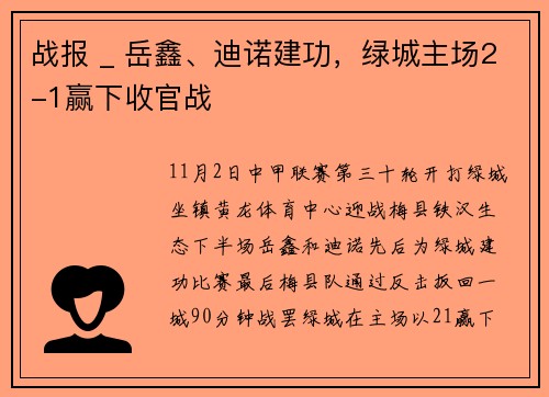 战报 _ 岳鑫、迪诺建功，绿城主场2-1赢下收官战